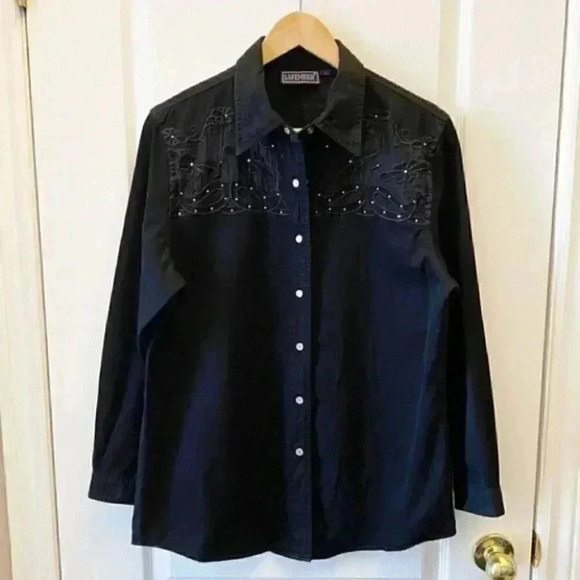 Lafei Nier Western Shirt Beaded Embroidered Button Up Long Sleeve Black Large - Picture 3 of 16